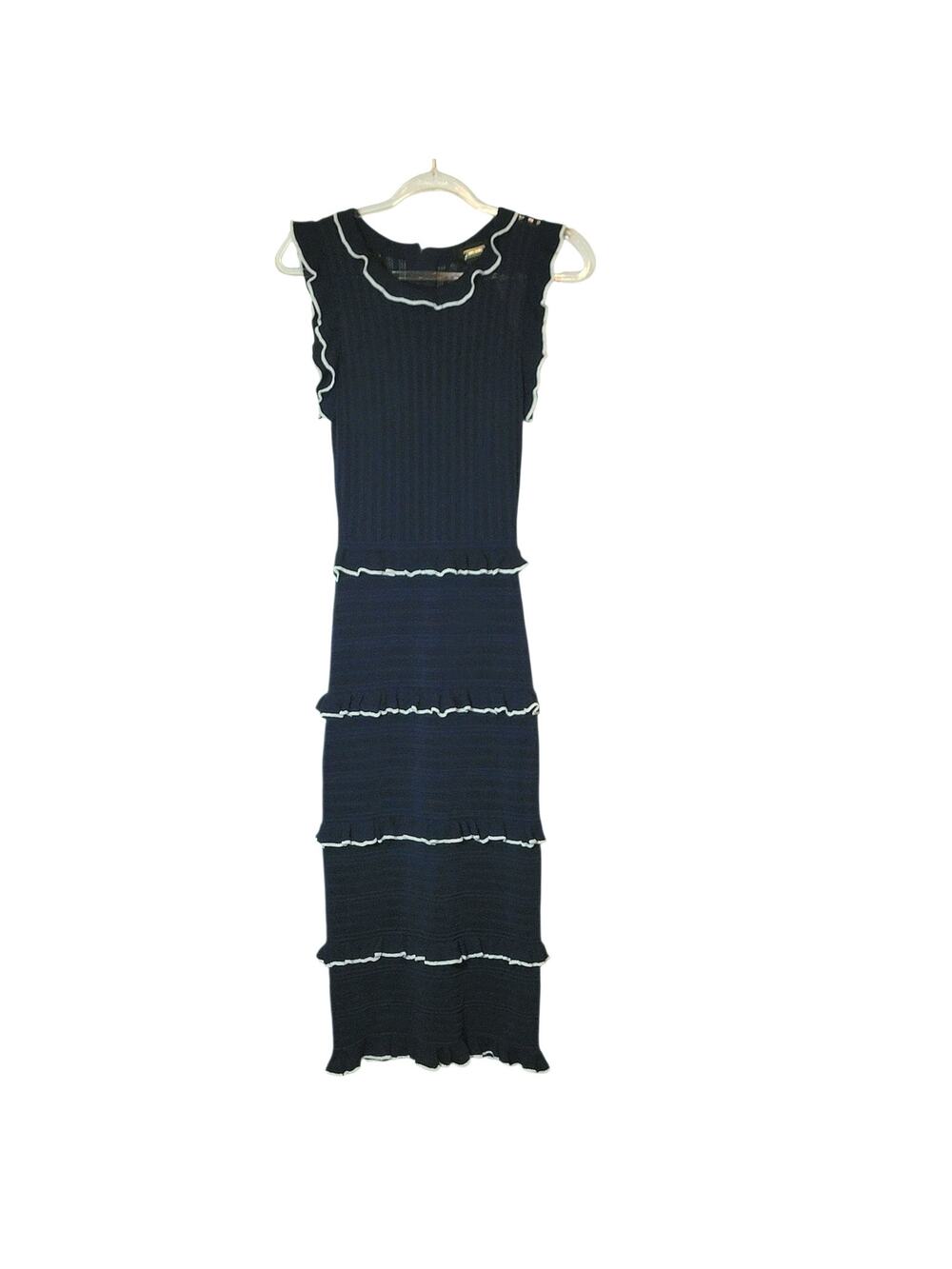 Alexia Admor Ruffle Trimmed Sheath Dress Blue and White Midi Feminine Party S